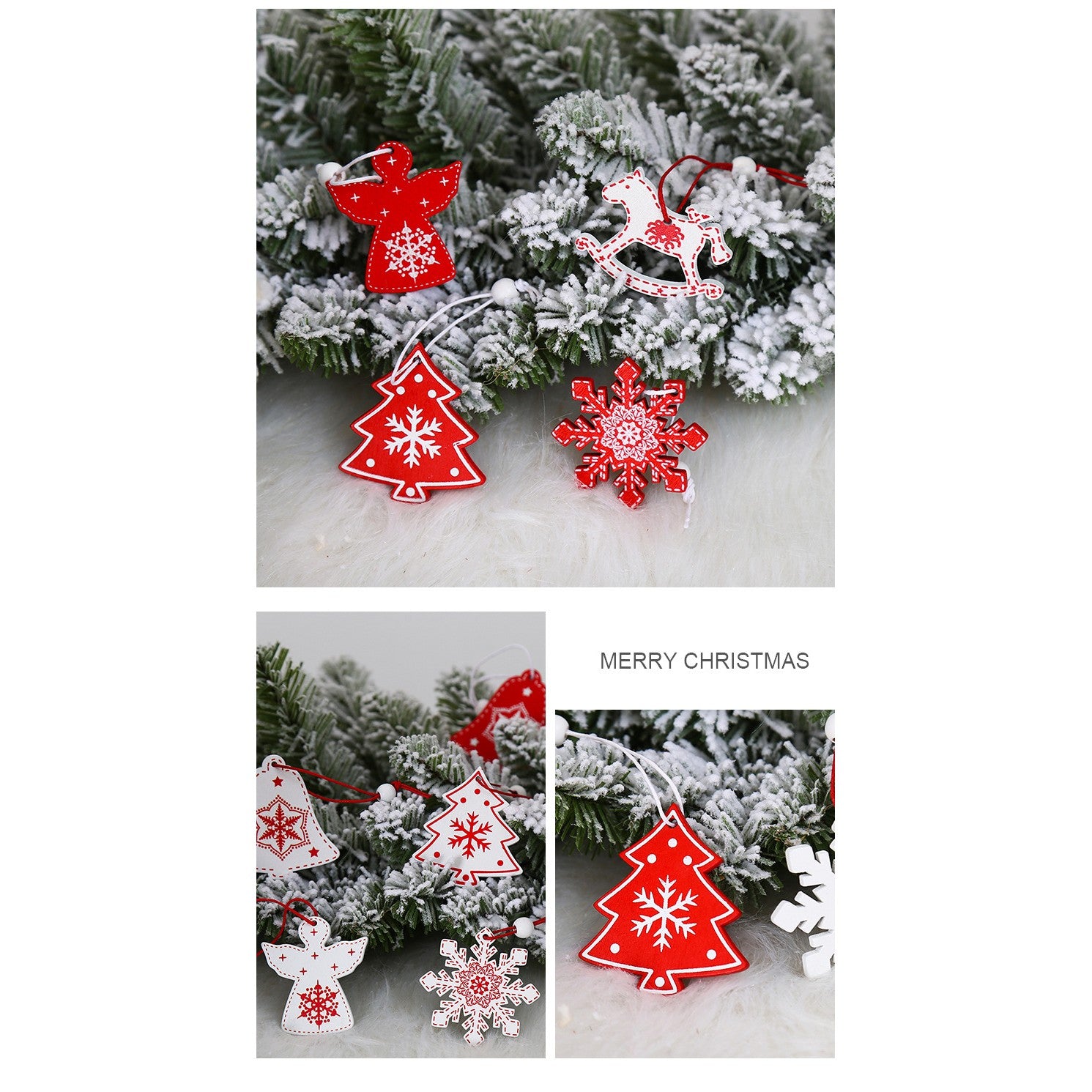 Set 12 Decoratiuni de Craciun din Lemn, Klevo, cu Snur pentru Agatare in Brad, Model Caluti si Clopotei, Alb-Rosu