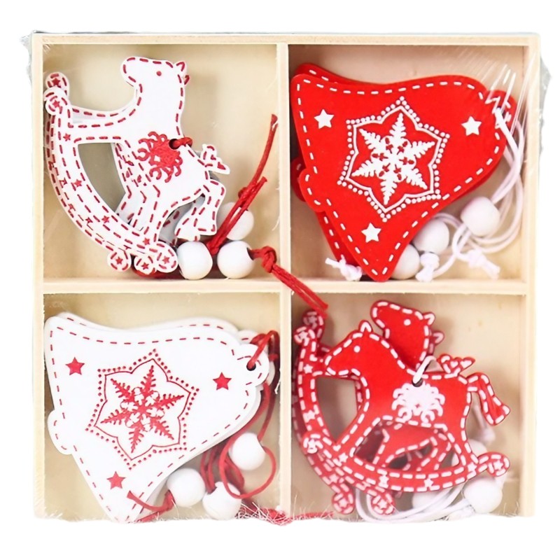 Set 12 Decoratiuni de Craciun din Lemn, Klevo, cu Snur pentru Agatare in Brad, Model Caluti si Clopotei, Alb-Rosu