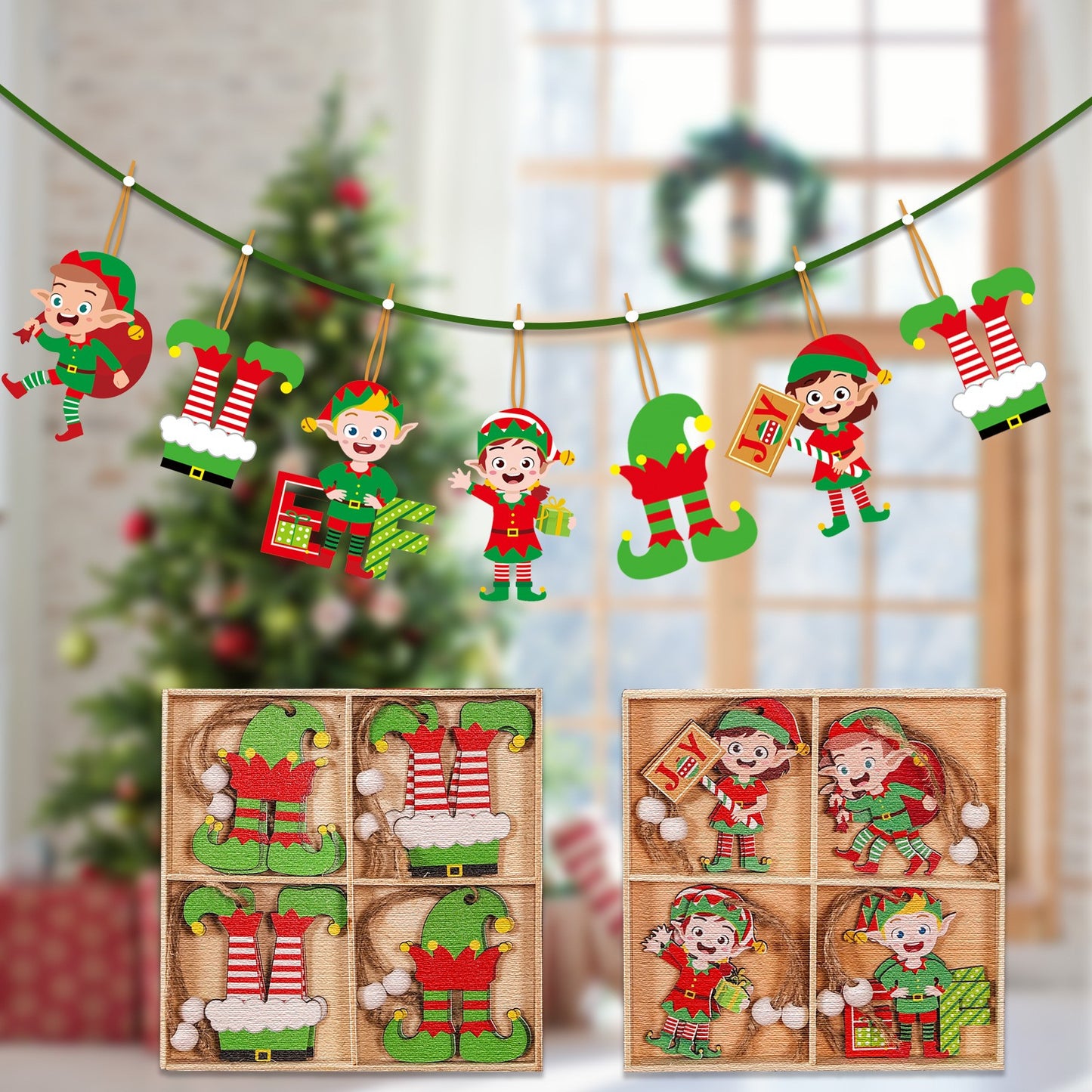 Set 12 Decoratiuni de Craciun din Lemn, Klevo, cu Snur pentru Agatare in Brad, Model Elfi Diferite Dimensiuni, 4 Modele, Multicolor