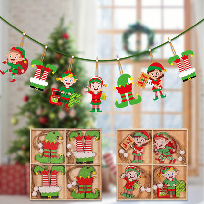 Set 12 Decoratiuni de Craciun din Lemn, Klevo, cu Snur pentru Agatare in Brad, Model Elfi Diferite Dimensiuni, 4 Modele, Multicolor
