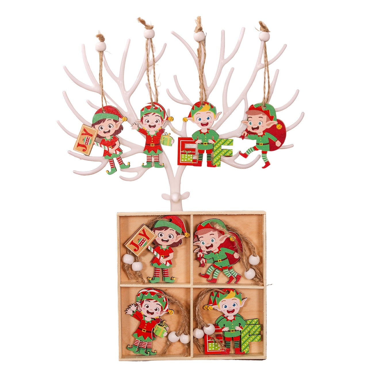 Set 12 Decoratiuni de Craciun din Lemn, Klevo, cu Snur pentru Agatare in Brad, Model Elfi Diferite Dimensiuni, 4 Modele, Multicolor