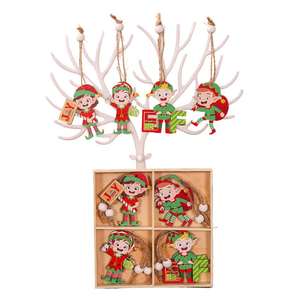 Set 12 Decoratiuni de Craciun din Lemn, Klevo, cu Snur pentru Agatare in Brad, Model Elfi Diferite Dimensiuni, 4 Modele, Multicolor