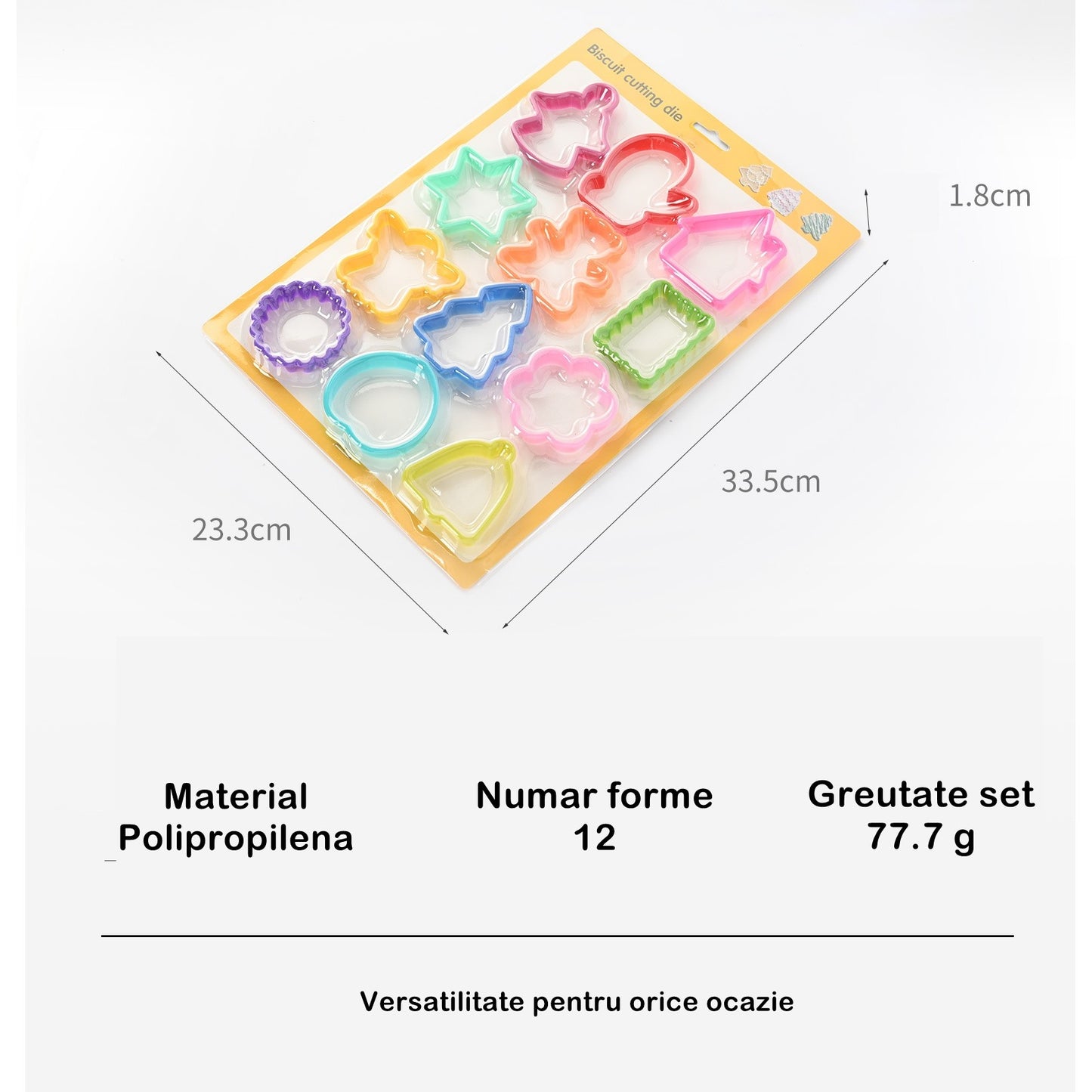 Set 12 forme pentru prajituri Klevo, material polipropilena, diverse forme, pentru orice ocazie,  adancime 1.6 cm, 23.3 x 33.5 x 1.8 cm, multicolor