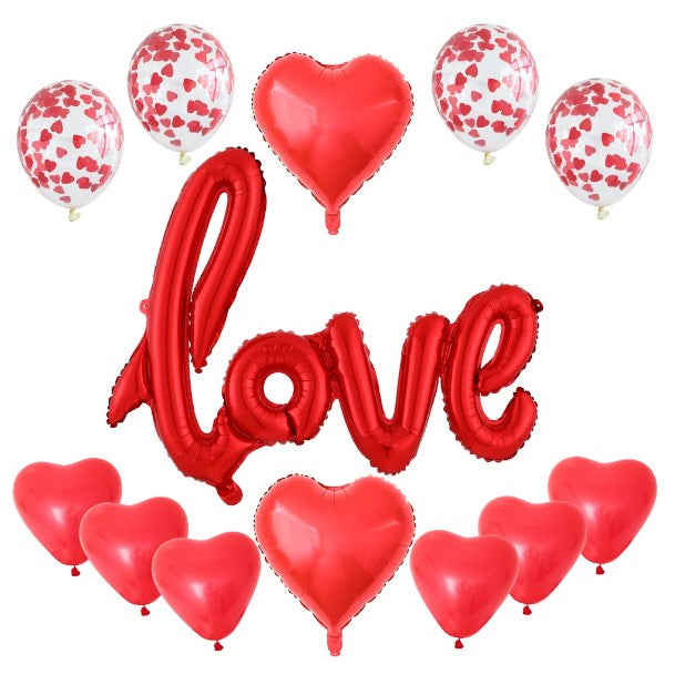 Set 13 Baloane din Folie Metalizata si din Latex, Klevo, Figurine Litere si Inima, Model Love, Tema Ziua Indragostitilor, Baloane Party cu Confetti, 102x65cm, 45 cm, 30 cm, Pai Inclus, Umflare cu Aer sau Heliu, Rosu