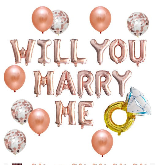 Set baloane decorative WILL YOU MARRY ME, Klevo, set din 12 piese, 10 baloane latex, 1 set Marry me, 1 balon folie inel, Rose Gold