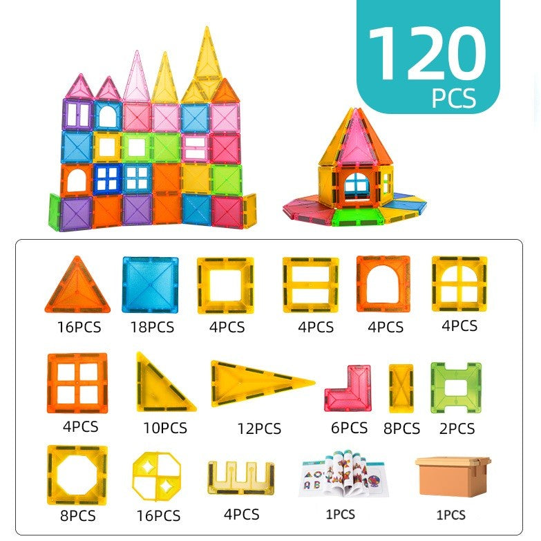 Set 120 de Piese Magnetice de Constructie, Klevo, Piese Mari, Magnetic Tiles, Forme Geometrice, 3 Ani, ABS, Magnet, 20.5 x 14.5 x 12 cm, Multicolor