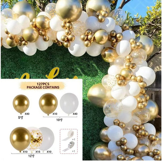 Baloane pentru Arcada decorativa, Klevo, Set 127 baloane din Latex, Model Petrecere pentru Arcada, Baloane Party, 12 cm, 25 cm, 30 cm, Alb Gold