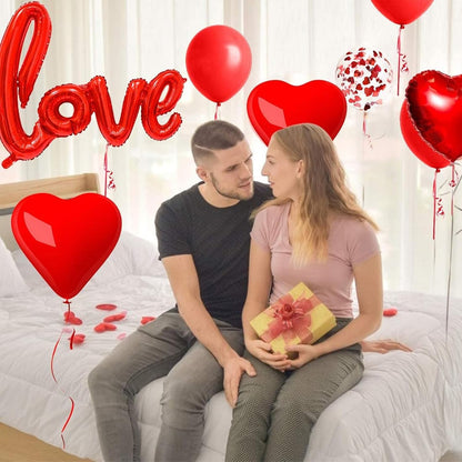 Set 13 Baloane din Folie Metalizata si din Latex, Klevo, Figurine Litere si Inima, Model Love, Tema Ziua Indragostitilor, Baloane Party cu Confetti, 102x65cm, 45 cm, 30 cm, Pai Inclus, Umflare cu Aer sau Heliu, Rosu