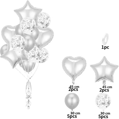 Set 14 Baloane din Folie Metalizată si din Latex, Klevo, Figurine Stea si Inima 45 cm, Baloane Latex 30 cm, Tema Buchet, Ambalaj Individual, Pai Inclus, Umflare cu Aer sau Heliu, Argintiu