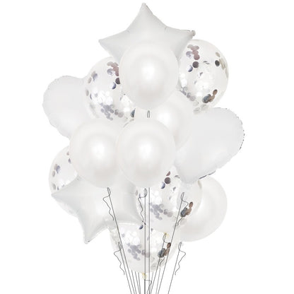 Set 14 Baloane din Folie Metalizată si din Latex, Klevo, Figurine Stea si Inima 45 cm, Baloane Latex 30 cm, Tema Buchet, Ambalaj Individual, Pai Inclus, Umflare cu Aer sau Heliu, Argintiu