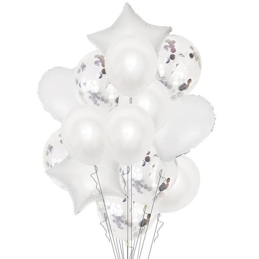 Set 14 Baloane din Folie Metalizată si din Latex, Klevo, Figurine Stea si Inima 45 cm, Baloane Latex 30 cm, Tema Buchet, Ambalaj Individual, Pai Inclus, Umflare cu Aer sau Heliu, Argintiu