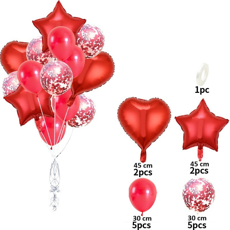Set 14 Baloane din Folie Metalizată si din Latex, Klevo, Figurine Stea si Inima 45 cm, Baloane Latex 30 cm, Tema Buchet, Ambalaj Individual, Pai Inclus, Umflare cu Aer sau Heliu, Rosu