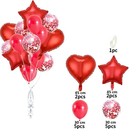 Set 14 Baloane din Folie Metalizată si din Latex, Klevo, Figurine Stea si Inima 45 cm, Baloane Latex 30 cm, Tema Buchet, Ambalaj Individual, Pai Inclus, Umflare cu Aer sau Heliu, Rosu
