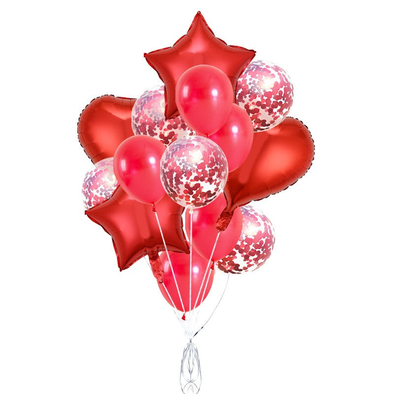 Set 14 Baloane din Folie Metalizată si din Latex, Klevo, Figurine Stea si Inima 45 cm, Baloane Latex 30 cm, Tema Buchet, Ambalaj Individual, Pai Inclus, Umflare cu Aer sau Heliu, Rosu