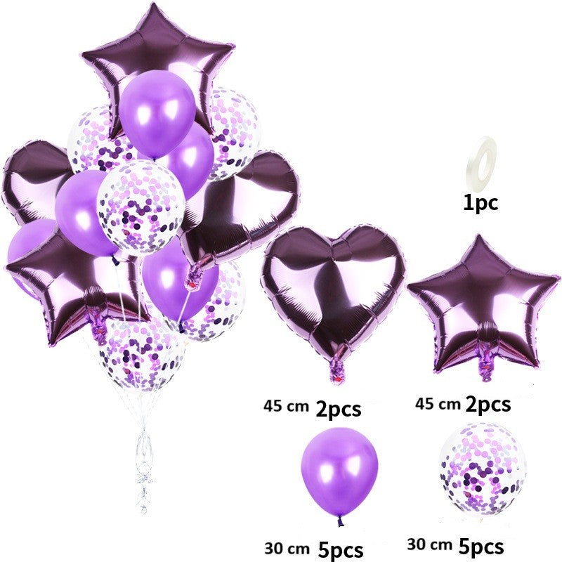 Set 14 Baloane din Folie Metalizată si din Latex, Klevo, Figurine Stea si Inima 45 cm, Baloane Latex 30 cm, Tema Buchet, Ambalaj Individual, Pai Inclus, Umflare cu Aer sau Heliu, Mov
