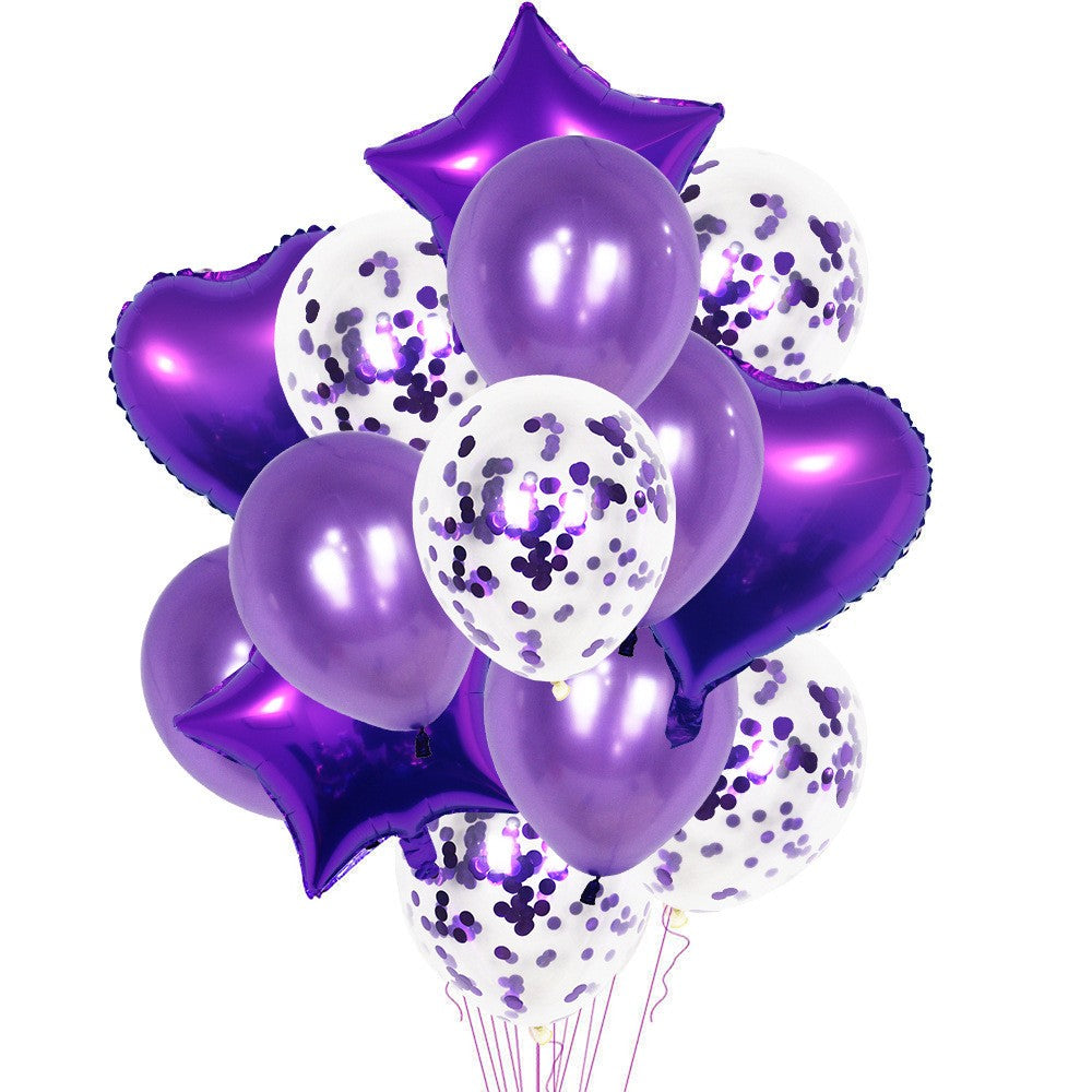 Set 14 Baloane din Folie Metalizată si din Latex, Klevo, Figurine Stea si Inima 45 cm, Baloane Latex 30 cm, Tema Buchet, Ambalaj Individual, Pai Inclus, Umflare cu Aer sau Heliu, Mov