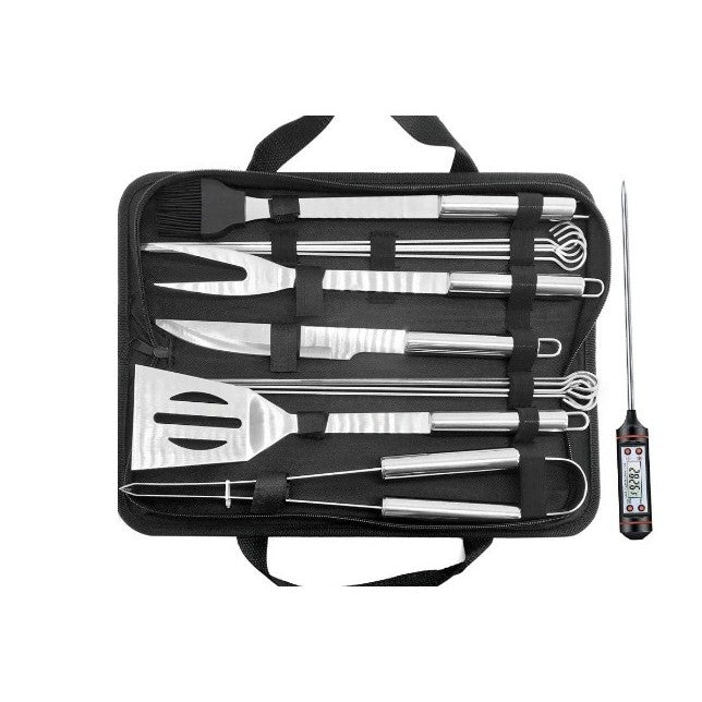 Set 14 Ustensile pentru Gratar cu Termometru, Klevo, din Otel Inoxidabil, Geanta Oxford, Argintiu