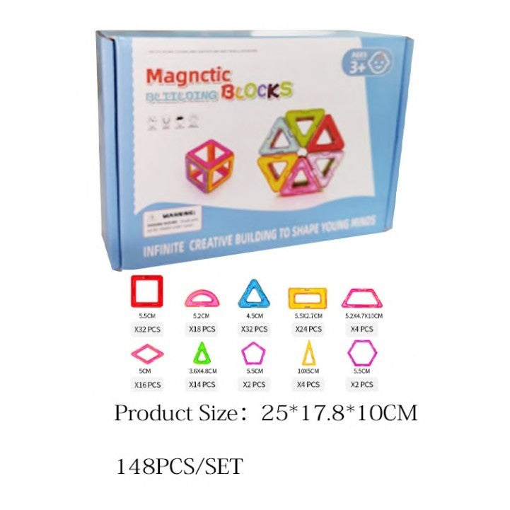 Set 148 Piese Magnetice de Constructie, Klevo, Piese Medii, Magnetic Blocks, Forme Geometrice, 3 Ani, ABS, Magnet, 25 x 17.8 x 10 cm, Multicolor