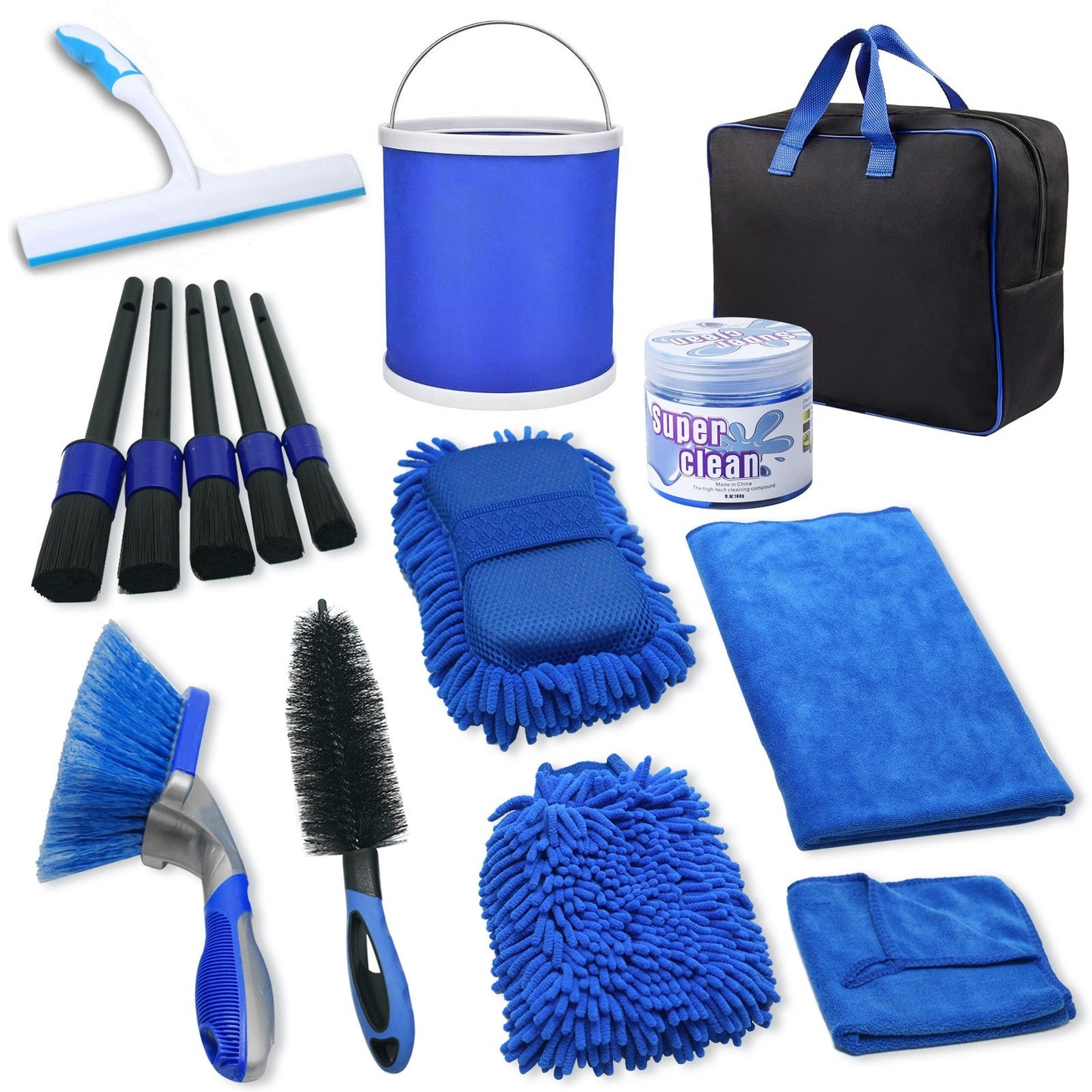 Set 15 Accesorii pentru Curatare Auto, Klevo, din PP si Microfibra, Interior/Exterior, 30 x 24 x 12 cm, Albastru/Negru