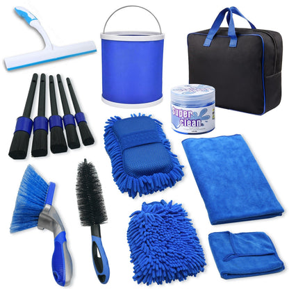 Set 15 Accesorii pentru Curatare Auto, Klevo, din PP si Microfibra, Interior/Exterior, 30 x 24 x 12 cm, Albastru/Negru