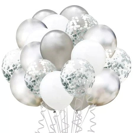 Set 15 baloane pentru petrecere, Klevo, alb/argintiu, 30 cm