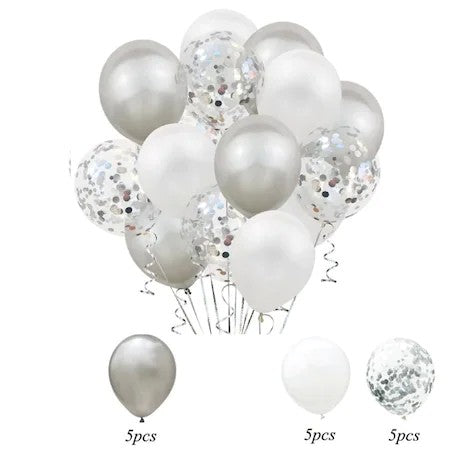 Set 15 baloane pentru petrecere, Klevo, alb/argintiu, 30 cm