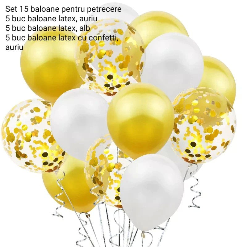 Set 15 baloane pentru petrecere, Klevo, alb/auriu, 30 cm