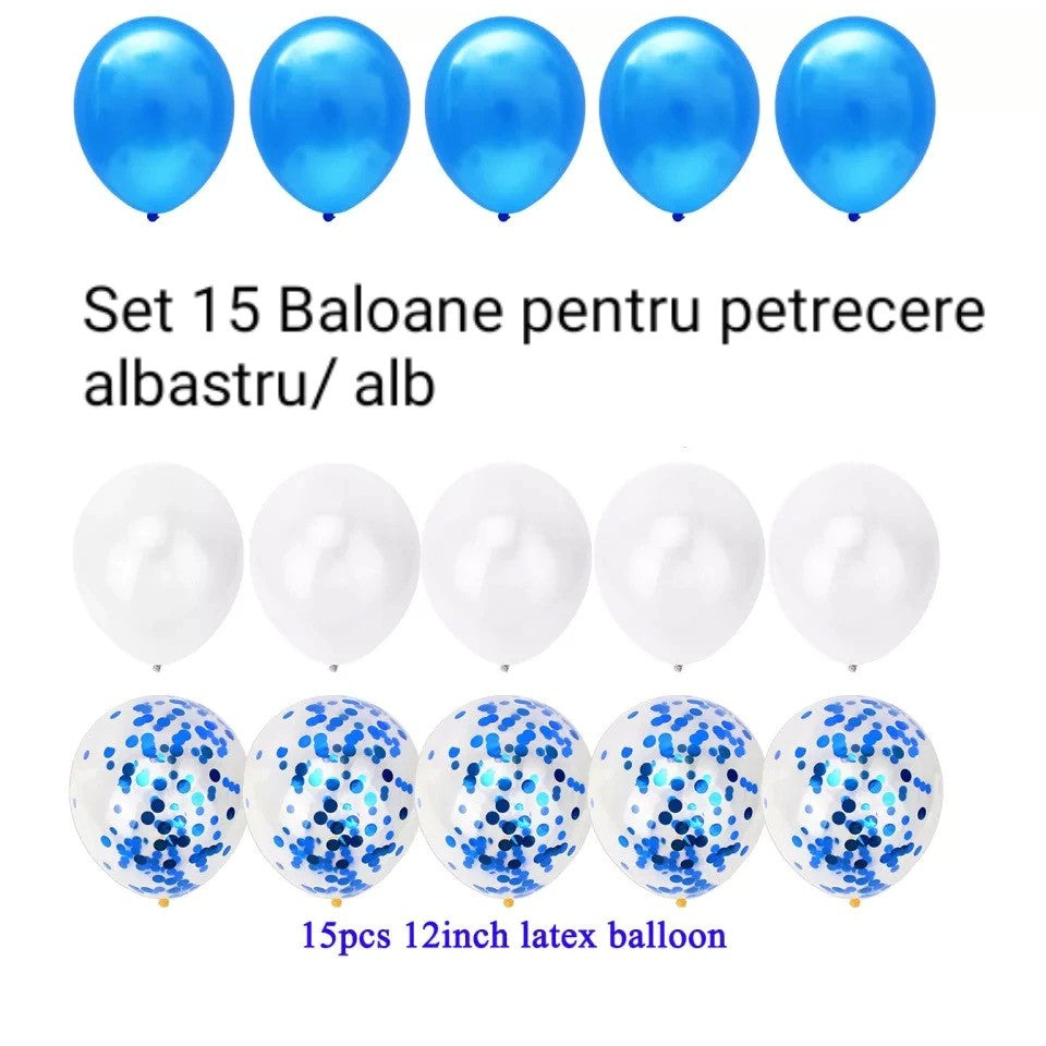 Set 15 baloane pentru petrecere, Klevo, albastru/ alb, 30 cm