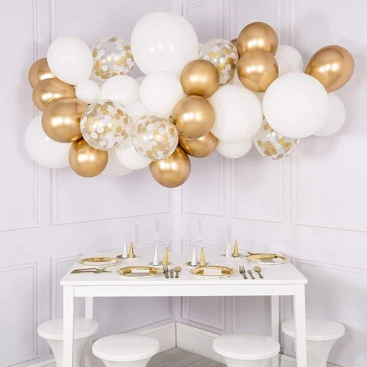 Set 16 Baloane din Latex, Klevo, Model Party, 30 cm, Alb, Auriu, Transparent Confetti, 2.8 g