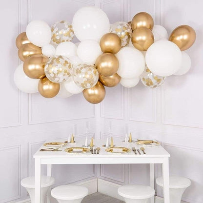 Set 16 Baloane din Latex, Klevo, Model Party, 30 cm, Alb, Auriu, Transparent Confetti, 2.8 g