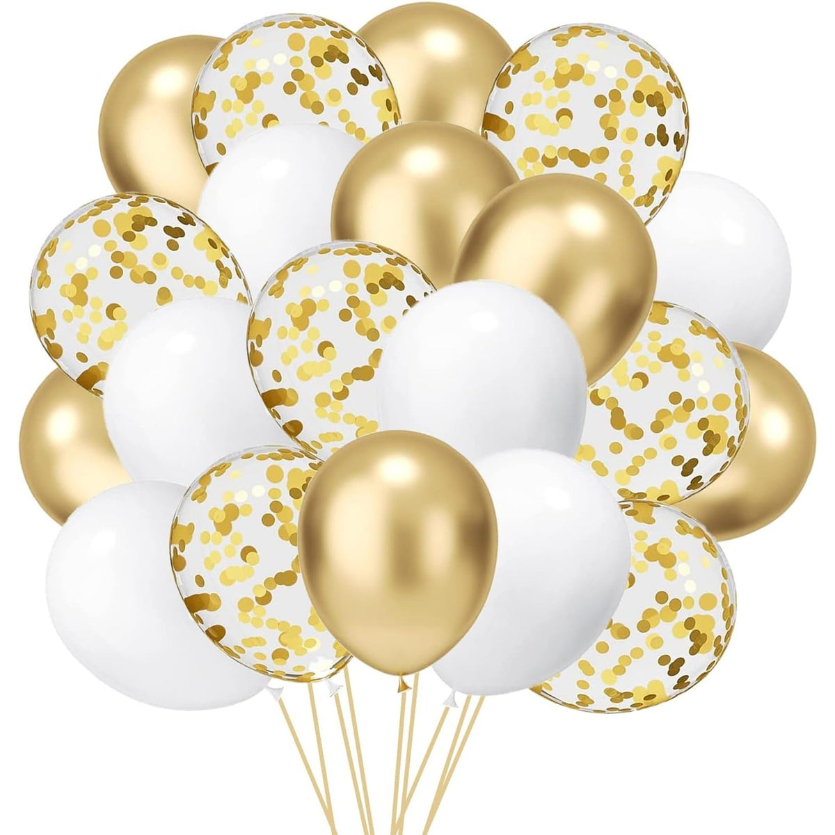 Set 16 Baloane din Latex, Klevo, Model Party, 30 cm, Alb, Auriu, Transparent Confetti, 2.8 g