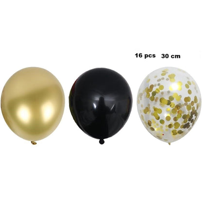 Set 16 Baloane din Latex, Klevo, Model Party, 30 cm, Auriu, Negru, Confetti, 2.8 g