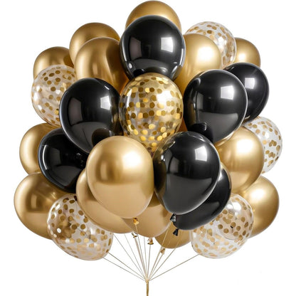 Set 16 Baloane din Latex, Klevo, Model Party, 30 cm, Auriu, Negru, Confetti, 2.8 g