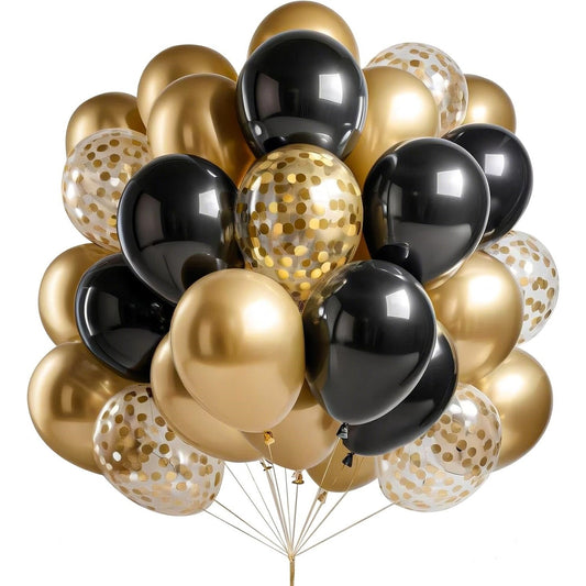 Set 16 Baloane din Latex, Klevo, Model Party, 30 cm, Auriu, Negru, Confetti, 2.8 g