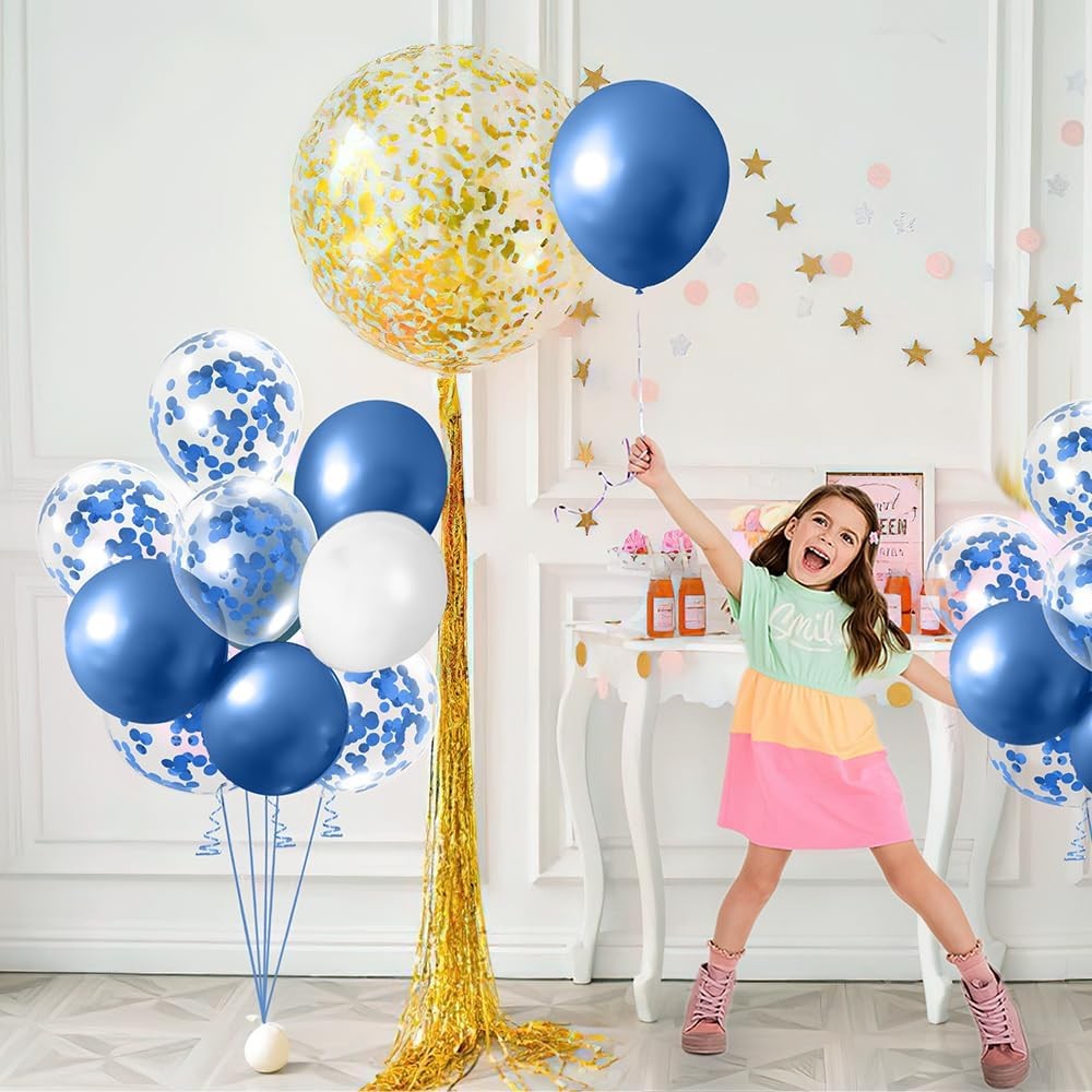 Set 16 Baloane din Latex Metalizate, Klevo, Model Party, 30 cm, Alb, Albastru, Albastru Chrome, Transparent Confetti 2.8 g