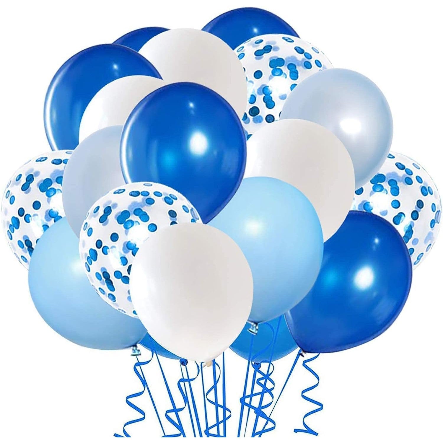 Set 16 Baloane din Latex Metalizate, Klevo, Model Party, 30 cm, Alb, Albastru, Albastru Chrome, Transparent Confetti 2.8 g