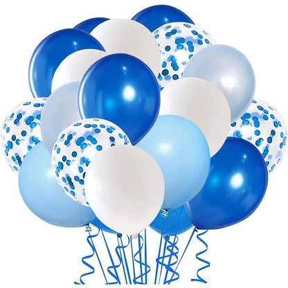 Set 16 Baloane din Latex Metalizate, Klevo, Model Party, 30 cm, Alb, Albastru, Albastru Chrome, Transparent Confetti 2.8 g