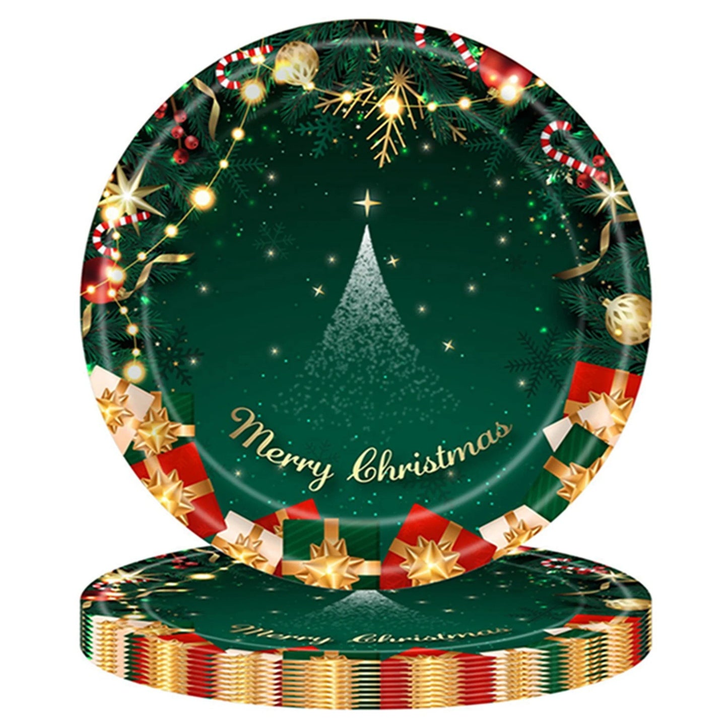 Set 16 Farfurii de Unica Folosinta, Klevo, Model Brad de Craciun Merry Christmas, Tematica Craciun, 18 cm, Verde