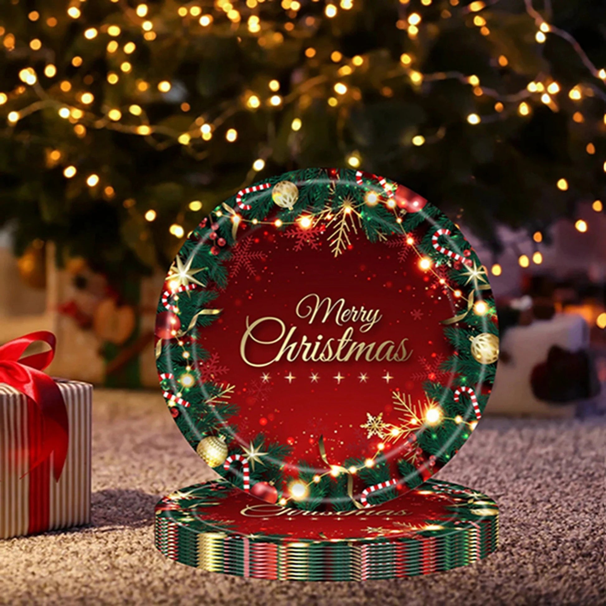 Set 16 Farfurii de Unica Folosinta, Klevo, Model Merry Christmas, Tematica Craciun, 23 cm, Rosu/Verde
