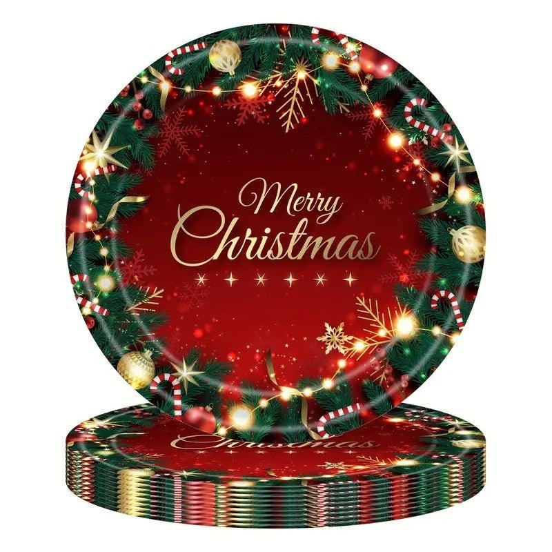 Set 16 Farfurii de Unica Folosinta, Klevo, Model Merry Christmas, Tematica Craciun, 23 cm, Rosu/Verde