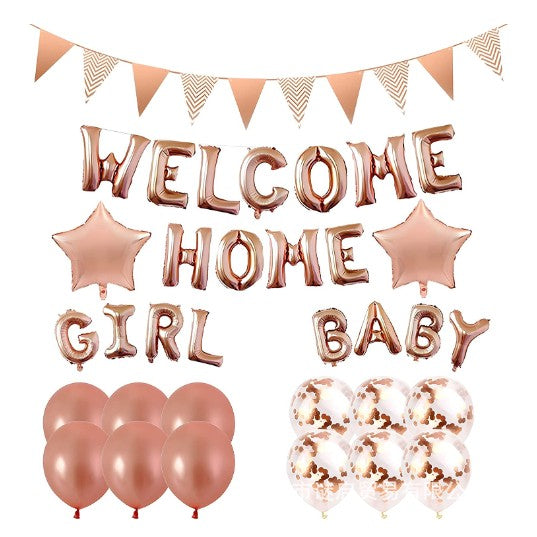 Set baloane folie si latex, Klevo, WELCOME HOME, 16 piese, 12 baloane latex, 2 baloane folie, 1 set Welcome Home Baby Girl,1 Banner, Rose gold