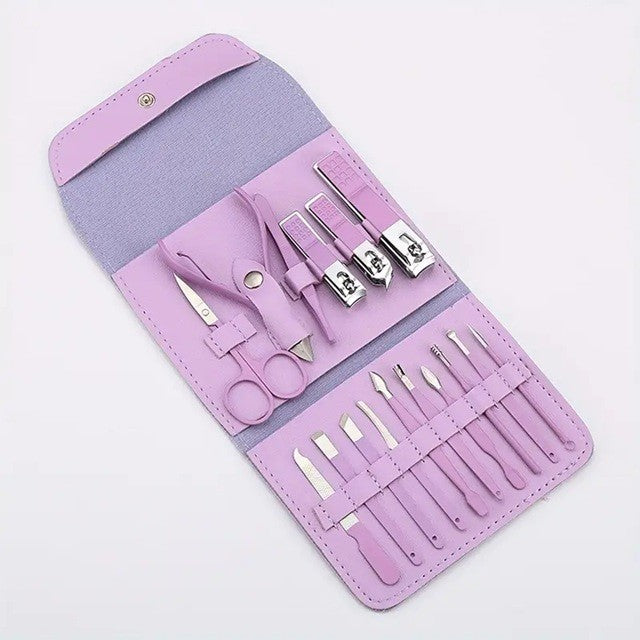 Set 16 Piese de Ingrijire Cosmetica, Klevo, pentru Manichiura, Pedichiura, Fata, Geanta Organizatoare din Piele Ecologica Inclusa, Mov