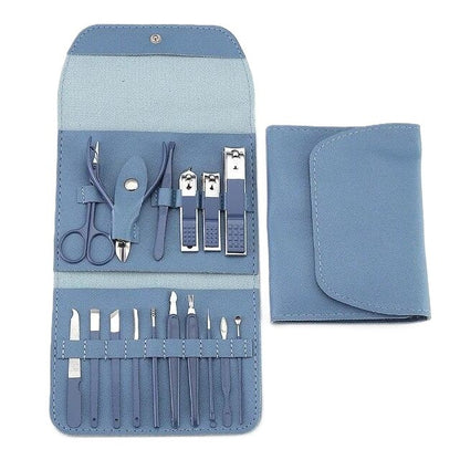 Set 16 Piese de Ingrijire Cosmetica, Klevo, pentru Manichiura, Pedichiura, Fata, Geanta Organizatoare din Piele Ecologica Inclusa, Albastru