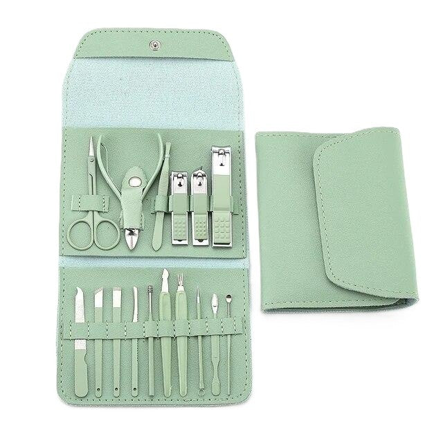 Set 16 Piese de Ingrijire Cosmetica, Klevo, pentru Manichiura, Pedichiura, Fata, Geanta Organizatoare din Piele Ecologica Inclusa, Verde