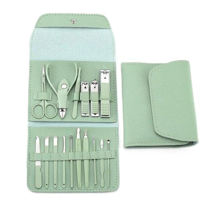 Set 16 Piese de Ingrijire Cosmetica, Klevo, pentru Manichiura, Pedichiura, Fata, Geanta Organizatoare din Piele Ecologica Inclusa, Verde