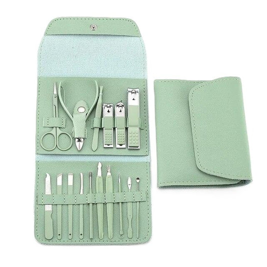 Set 16 Piese de Ingrijire Cosmetica, Klevo, pentru Manichiura, Pedichiura, Fata, Geanta Organizatoare din Piele Ecologica Inclusa, Verde
