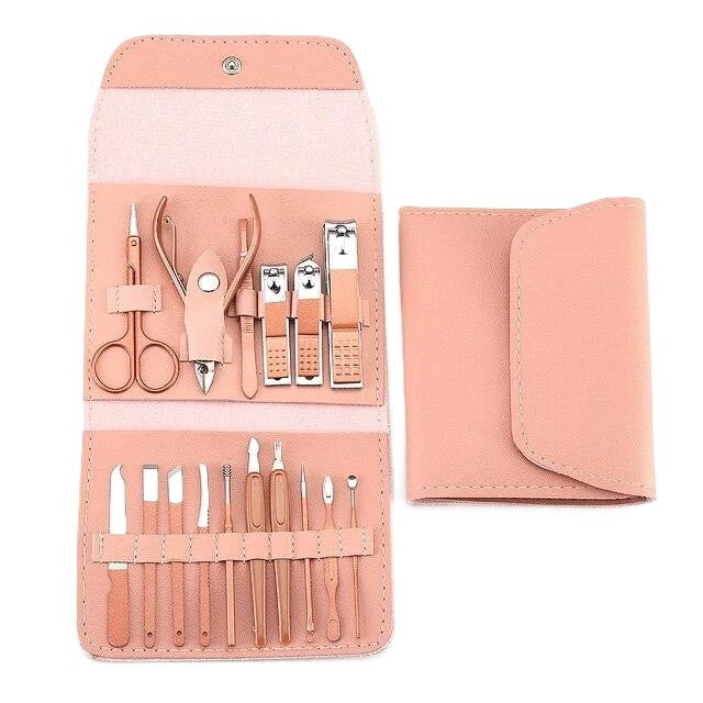 Set 16 Piese de Ingrijire Cosmetica, Klevo, pentru Manichiura, Pedichiura, Fata, Geanta Organizatoare din Piele Ecologica Inclusa, Roz