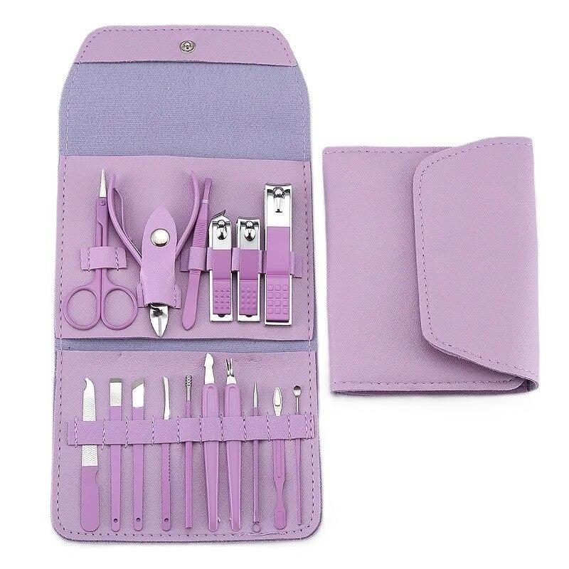 Set 16 Piese de Ingrijire Cosmetica, Klevo, pentru Manichiura, Pedichiura, Fata, Geanta Organizatoare din Piele Ecologica Inclusa, Mov