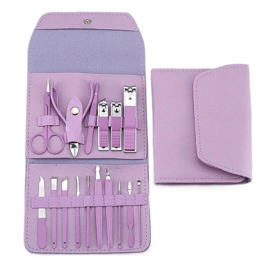 Set 16 Piese de Ingrijire Cosmetica, Klevo, pentru Manichiura, Pedichiura, Fata, Geanta Organizatoare din Piele Ecologica Inclusa, Mov