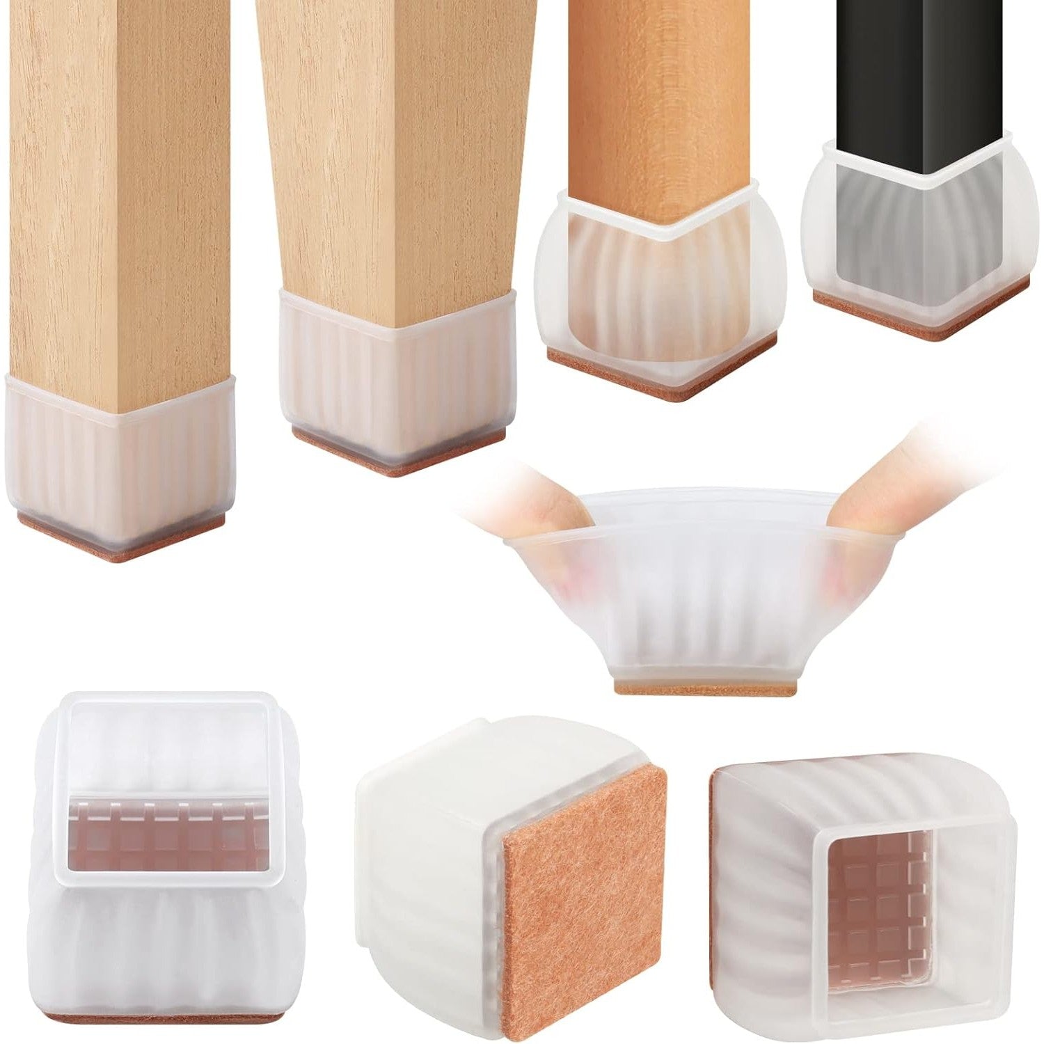 Set 16 Protectii pentru Picioare Scaun si Podea, Klevo, Universale din Silicon, Model Patrat, Alb Transparent